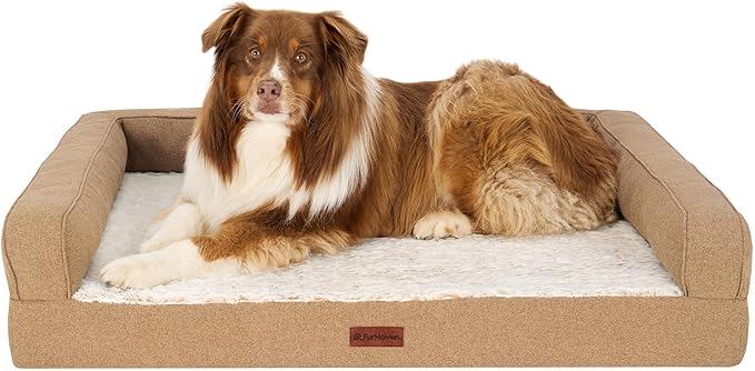 FurHaven Jumbo (32"x40") Orthopedic Dog Bed – Birch Faux Fur & Soft Faux Linen Modern Sofa Pet Bed, CertiPUR-US Foam, Removable Washable Cover, Nutmeg