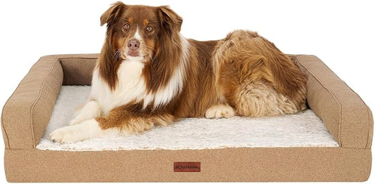 FurHaven Jumbo (32"x40") Orthopedic Dog Bed – Birch Faux Fur & Soft Faux Linen Modern Sofa Pet Bed, CertiPUR-US Foam, Removable Washable Cover, Nutmeg