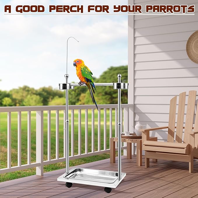 Tandefio Parrot Stand Bird Play Stand 21.65 x 15.35 x 27.95 Inches Large Metal Stainless Steel Bird Playstand Adjustable Height Perch with Universal Wheels and Feeding Bowls
