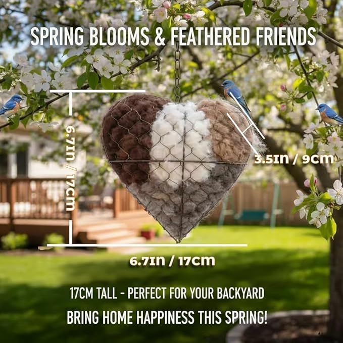 Handmade Fiber Bird Nesting Heart,Birds Nests Material Holder,Refillable Bird Haven Heart-Shaped Hummingbird Nest with Nesting Material,Winter Tree Shelter for Wild Bird,Gift for Hummingbird Lover,1PC