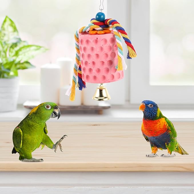 Bird Beak Grinding Stone with Bell for Parrots and Parakeets Natural Mineral Block Chew for Bird Beak Health Mental Stimulation and Cage Hanging Fun