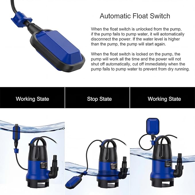 Sump Pump, Prostormer 1HP 3700GPH Submersible Clean/Dirty Water Pump with Automatic Float Switch for Pool (Blue)