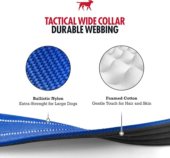 Tuff Pupper Tactical Dog Collar | Heavy Duty 1.5" Wide Ballistic Nylon | Training Control Handle | Quick-Release Metal Buckle | Reflective Bands | ID Tag Holder | Padded Inner Lining (Blue, Medium)