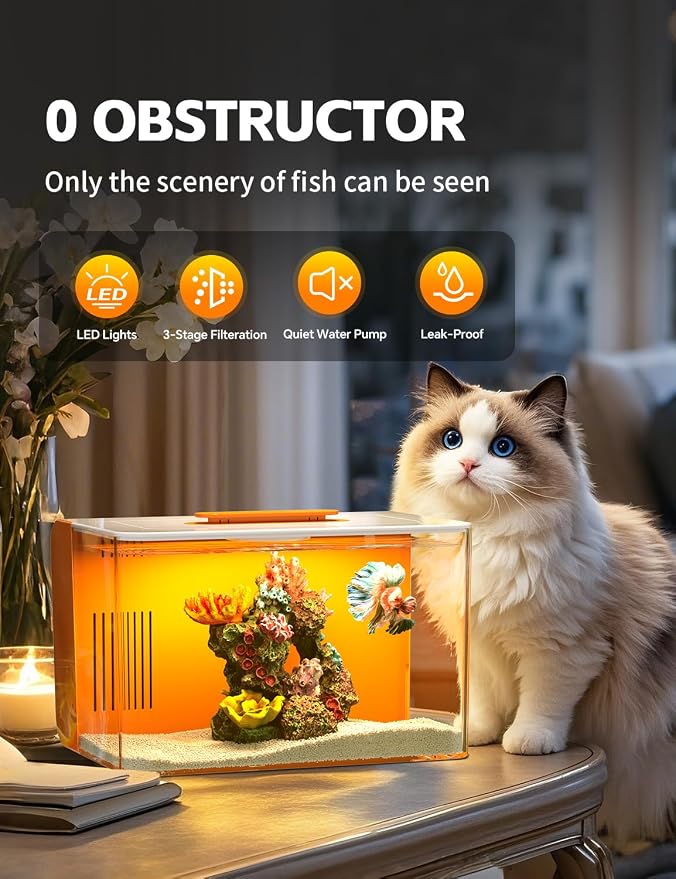 2.5 Gallon Fish Tank Kit with Heater for Betta, Shrimp, Guppy, Acrylic | Dry-wet Separation Filtration, Self-cleaning, Ultra-quiet, 3 Color Light, 10 Brightness, Adjustable Water Flow, Round Corner