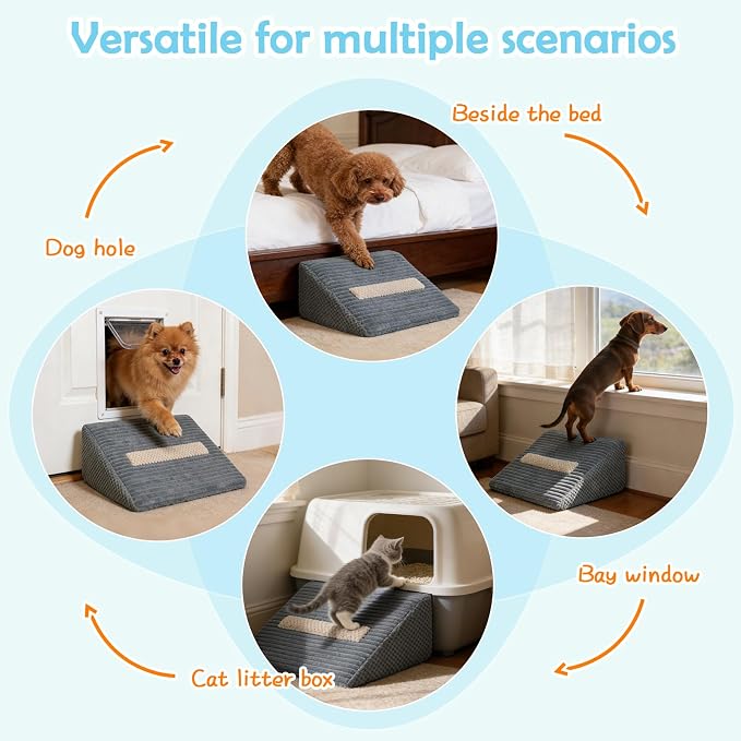Foam Dog Ramp for Stairs, Low-Impact Climbing Dog Stairs for Senior Dogs | 5.1"H, 6 Pack, 40D High-Density Foam Won't Collapse, Protects Joints, Anti-Slip & Self-Sticky Pads, Washable Cover, Grey