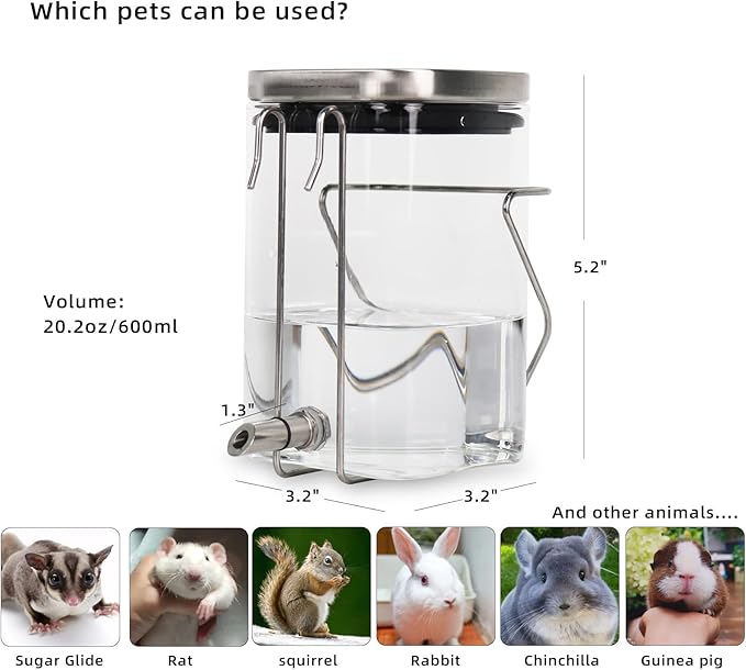 Hamster Water Bottle, Small Animal Glass Waterer, Stainless Steel Nozzle No-Drip Drinker Waterer for Sugar Glider, Rat and Birds (10.1oz)