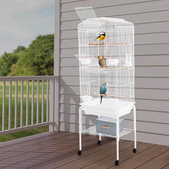 54in Metal Bird Cage Large Parakeet Cages for Parrot, Cockatiel, Lovebird, Pigeon Pagoda Bird House with Rolling Stand,Feeding Bowls & Waterer (White-54in)