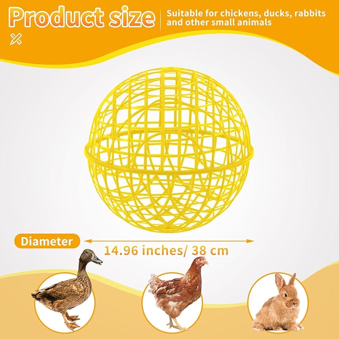AceOrbit 3 Pcs 15 Inch Yellow Ball Chicken Animals Cage, Plastic Rolling Orb Movable for Chickens Rabbits Birds Pigeons, Outdoor Farm Range Portable Round Coop Hutch Safety Globe Prevents Dog Bites