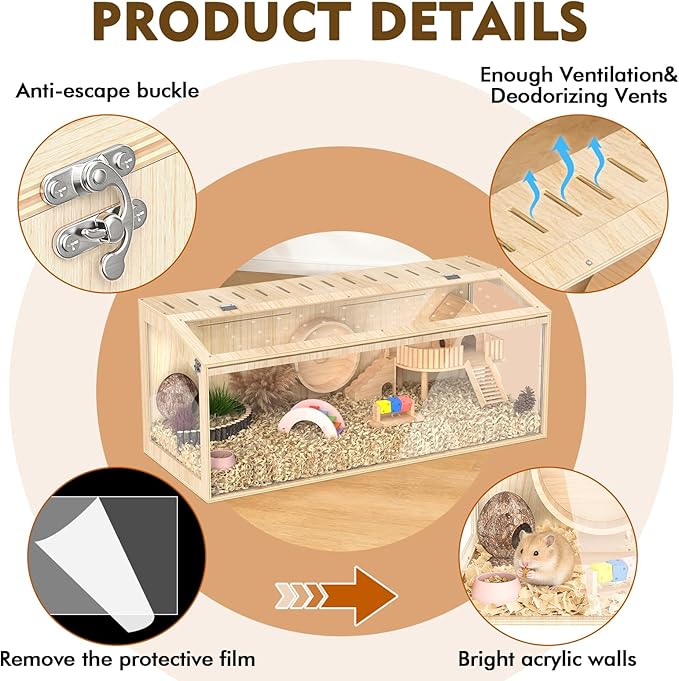 XiaZ Hamster Cage Chewproof,48 Inch Large Hamster Tank with Panoramic View and Ventilated Top,Durable Plywood Solid Wood Frame,Spacious Acrylic Glass Habitat for Syrian Dwarf Hamsters and Degus