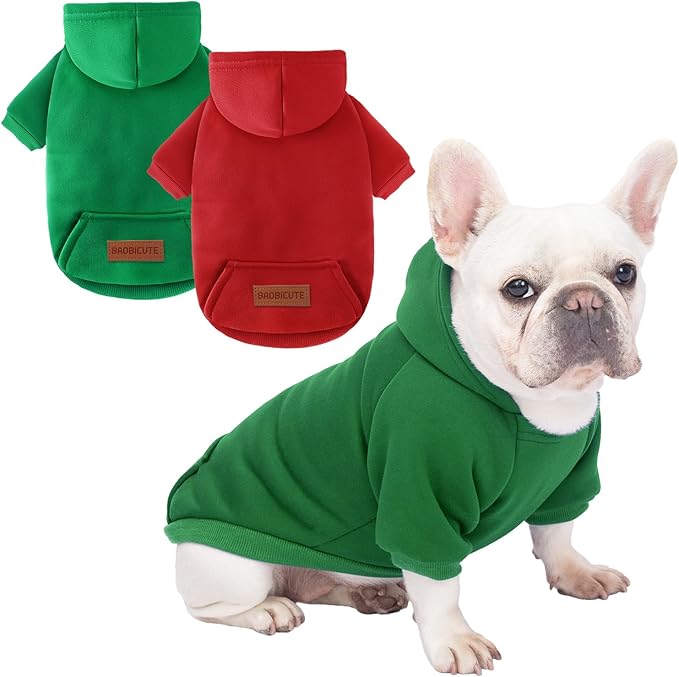 2 Pack Dog Hoodie Warm Hood Dog Sweater Cold Weather Small Dogs Sweatshirt Comfort Pet Clothes for Small Medium Dogs with Pockets (Green+Wine Red, XL (Back: 16.5",Chest: 21.6", 12.8-17lbs))