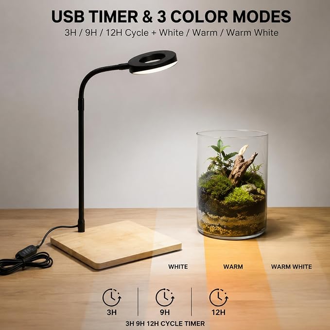 Aquarium Light Full Spectrum LED10W Light with Timer Auto On/Off | Betta Fish Tank Light,Nano Terrarium Fish Tank Lamp,3 Light Colors + Dimmable Brightness