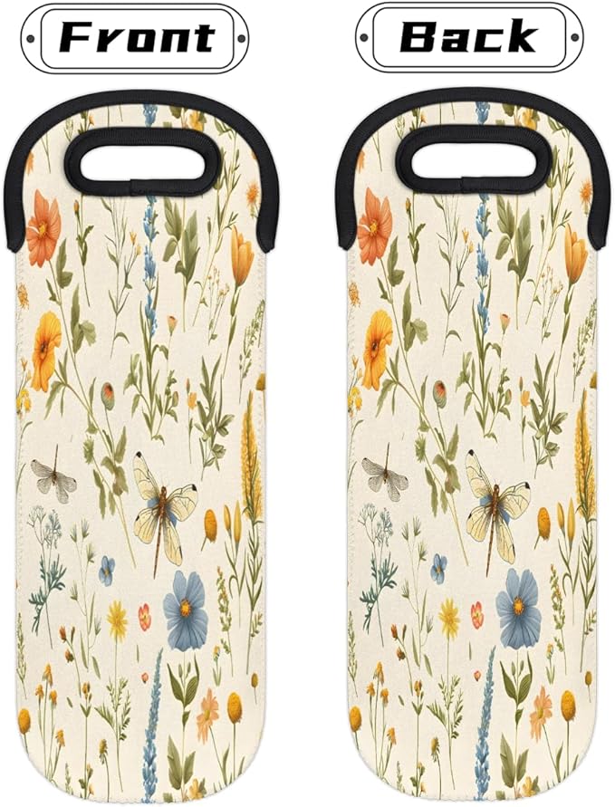 Dragonfly Wildflower Wine Bag Single Bottle Wine Tote Bag Neoprene Wine Carrier Bags with Carry Handle Portable Wine Bottle Holder for Travel Party Picnic