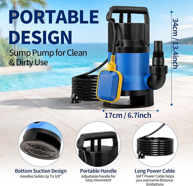 1.1HP Submersible Sump Pump, 4600 GPH Electric Water Pump with Automatic Float Switch, Portable Utility Pump for Pool Draining, Basement, Outdoor Ponds, 16 FT Cord