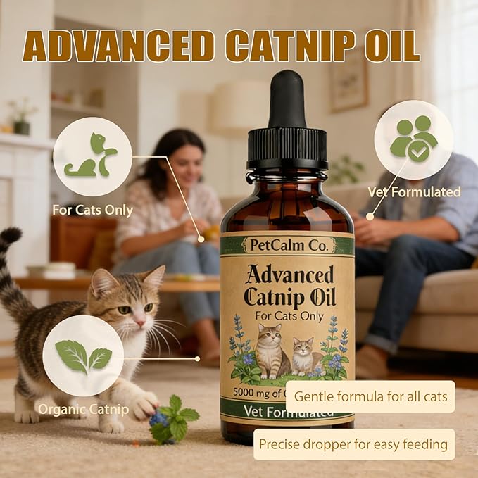 PetCalm Co Advanced Catnip Oil - 5000 mg Catnip, Vet Formulated, for Cats Only, Cat Relaxation Supplement (2.1 fl oz)