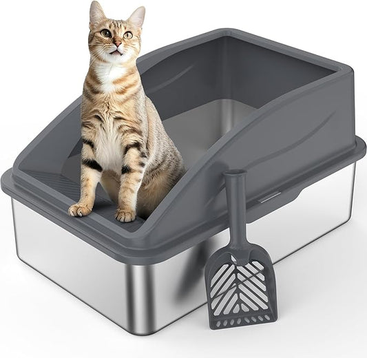 AIPERRO Stainless Steel Litter Box | XL Enclosed Cat Litter Boxs with Lid for Big Cats | High Sided, Anti-Urine Leakage | Non-Stick Bottom & Includes Scoop