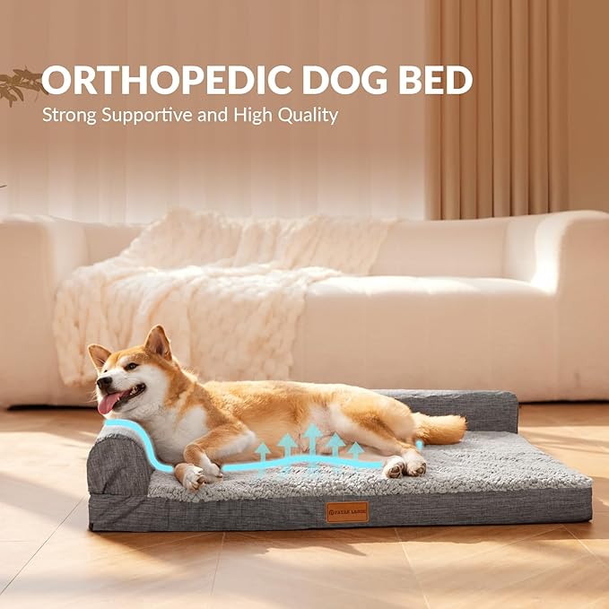 Patas Lague Orthopedic XL Dog Bed Large Sized Dog 42''X28'', Waterproof L Bolster Big Large Pet Sofa Beds with Removable Washable Cover, Soft Comfortable Pet Couch Crate Mat with Nonskid Bottom, Grey