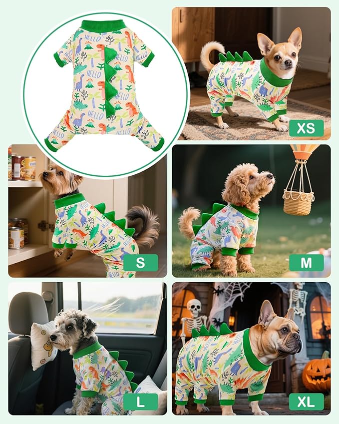 CuteBone Dinosaur Costume Dog Pajamas, Stretchy Spandex Crystal Velvet Sleepwear Coat for Small Dogs, Soft & Warm Pet Outfit Clothes for Cold Weather, Cozy Pullover Design COSP15M