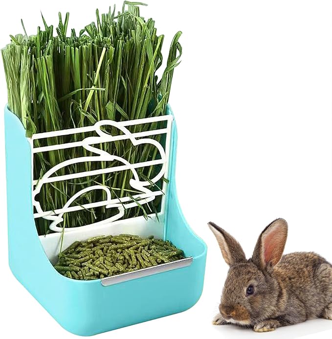 Rabbit Feeder, Hay Food Bin Feeder, Adjustable,Removable Grass Rack, Stainless Steel Edge, for Rabbit, Guinea Pig, Chinchilla (Blue)