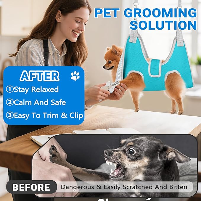 Supet Dog Grooming Hammock for Small Dogs, Dog Hanging Harness for Nail Trimming Doorframe, Pet Holder Restraint for Clipping Nails, Pet Hoist Sling for Cutting Nails at Home (Blue XS)