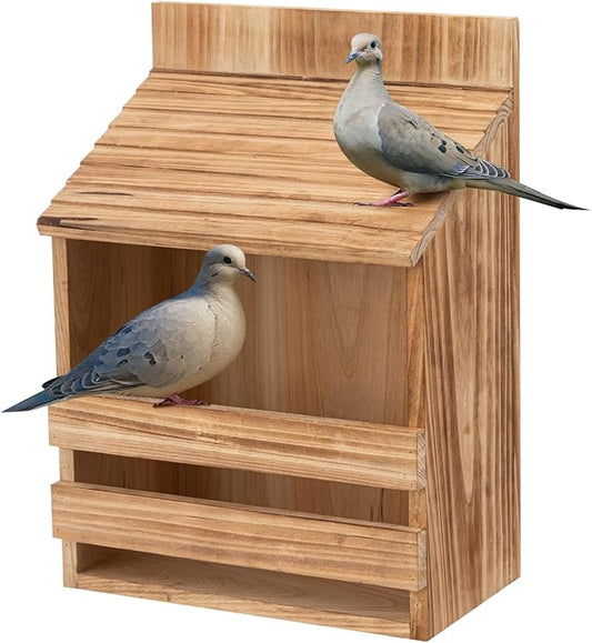 Briwooody Wooden Open Mourning Dove Nesting Box for Outside Dove Bird House 14 H x 10 W x 6 L Inches Bird Nesting and Roosting Platform Hanging Birdhouse Garden Decoration (Flat Roof, Brown)