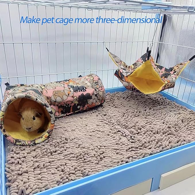 Guinea Pig Rat Tunnel Ferret Hammock, Small Animal Corner Tunnel & Tubes & Bed for Hedgehog Piggy Chinchilla Hideout Toys and Cage Accessories (Pink Cat)