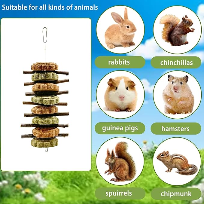 Rabbit Hanging Chew Toys Bunny Chew Toys Natural Apple Wood Branches with Grass Balls Cake Improve Teeth Health Hamster Rabbit Chinchilla Teeth Grinding Treats