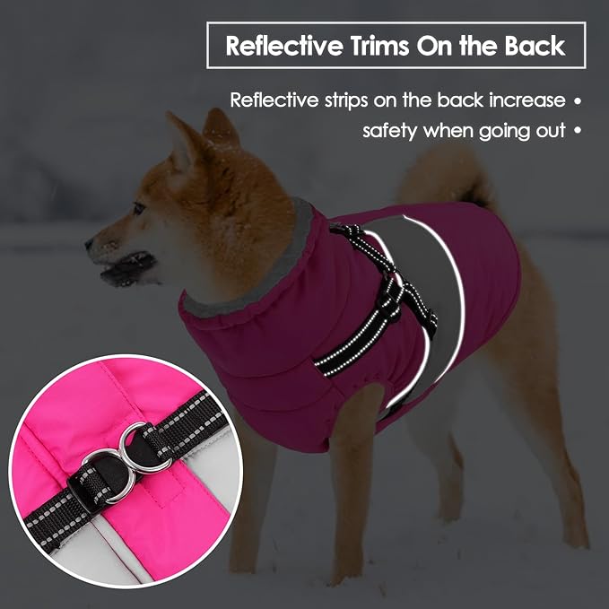 Dog Winter Coat, Waterproof Dog Coat Jacket with Harness for Medium Dogs Boys Girls, Reflective Fleece Lined Pet Snow Jacket Sweaters for Pug, Jack Russel, Boston Terrier, Hot Pink M