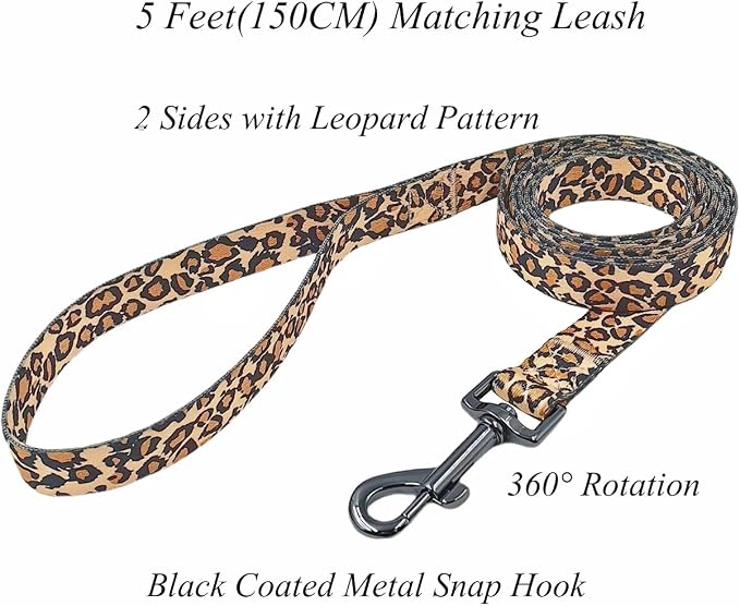 Dog Collar Leash Set, Leopard Pattern, Polyester Material, Adjustable Collar and 5ft Matching Leash, for Small Dogs.(S, Brown Leopard)