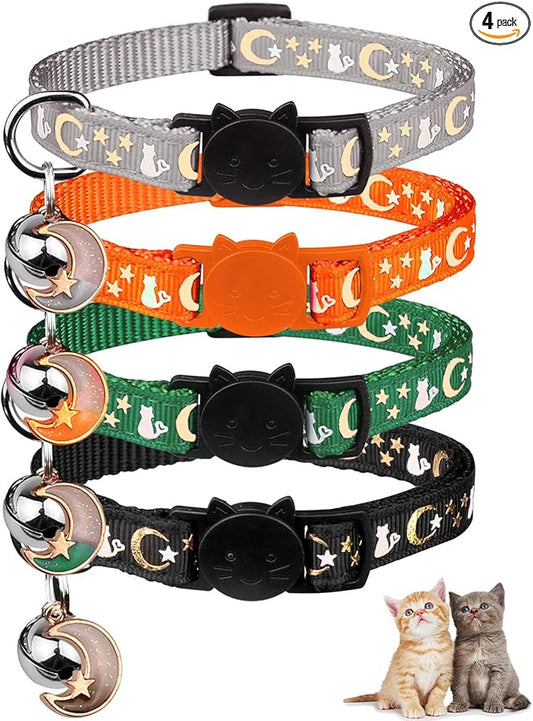 4PCS Cat Collar with Bells,Breakaway Cat Collars,Moons Stars Cute Kitty Adjustable Safe Kitten Collars Pendant Glow in The Dark,Cat Collars for Boy Cats 8.0-13.0 Inch(Black&Grey&Deep Green&Orange)