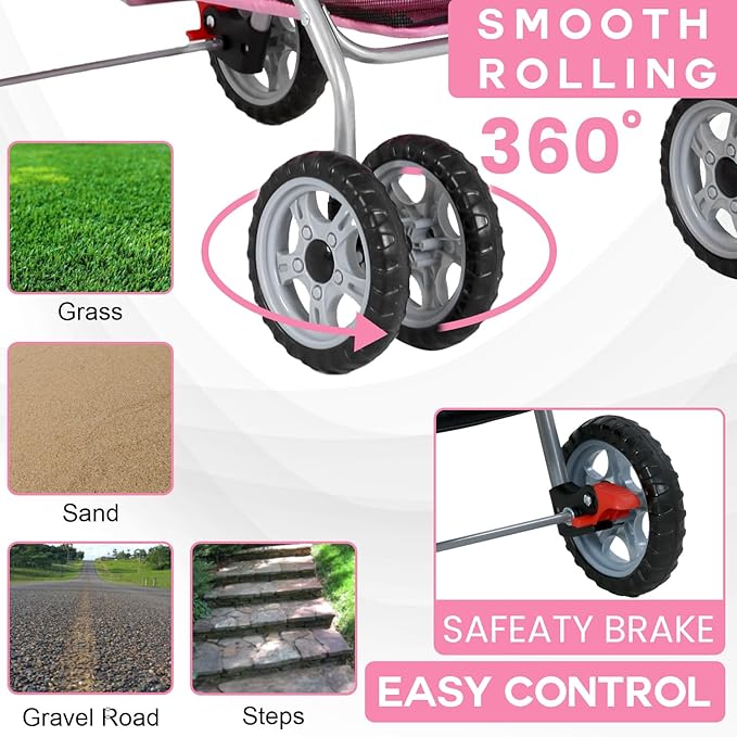FDW 4 Wheels Pet Stroller Dog Cat Carriers Bag Lightweight Waterproof Folding Jogger Double Stroller with Cup Holders,Pink