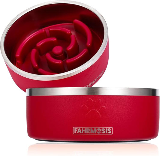 FAHRMOSIS 32 Oz Dog Bowl with Slow Feeder Insert Stainless Steel Pet Water Bowl for Medium & Large Breed Non Slip Rubber Base & Plastic Puzzle Feeder - Red