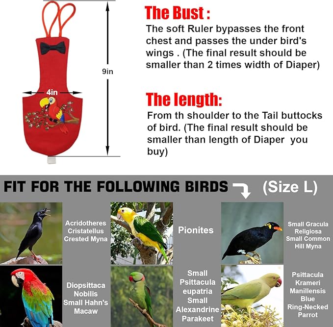 Bird Diaper Washable Parrot Diapers Reusable Bird Flight Suit Nappies Protective Breathable Parrot Nappy Clothes for Parakeet Macaw Budgie Canary Budgie Cockatiel(Red, Large)