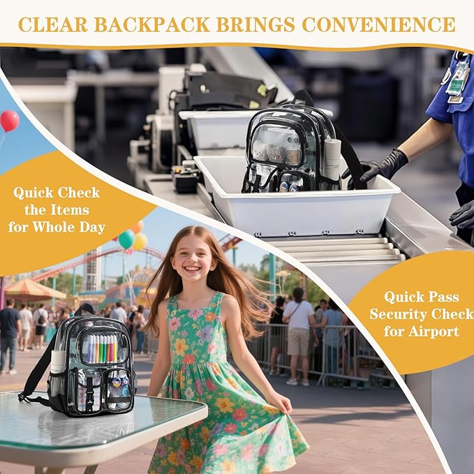 Mini Clear Backpack for Stadium Approved 12x6x12, Small Transparent Backpacks Plastic See Through Clear Bag for Kids Girls Women for Sporting Event, Concerts, Work, Festival (Black)