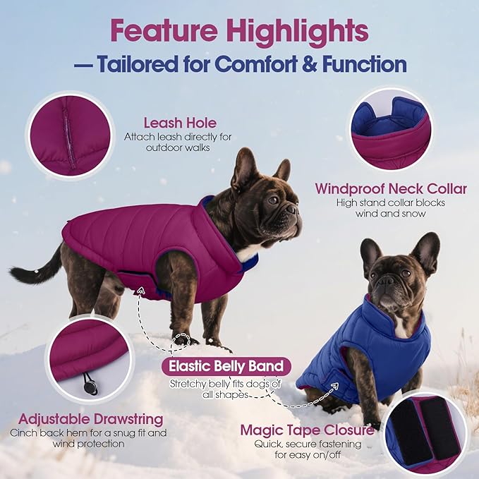 QBLEEV Reversible Dog Jacket for Large Dogs, Waterproof Windproof Winter Coat with Adjustable Hook & Loop Design, Lightweight Puffer Vest Keeps Dogs Warm & Dry, Purple, XL – Fits Pitbull, Boxer