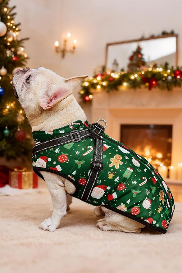 Aiboria Dog Jackets for Winter Windproof Waterproof Vest Fleece Warm Dogs Coat with Belt Christmas Green 4XL