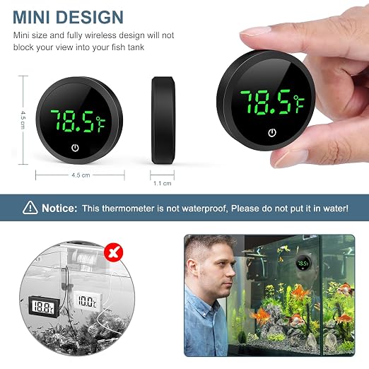 Upgraded Aquarium Thermometer, 5S Refresh Speed, Digital Fish Tank Thermometer LED Display ±1°F, Stick-on Thermometer for Aquariums, Glass Containers