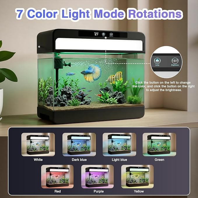 3 Gallon Fish Tank Starter Kit, Small Aquarium for Betta, Black | 3-in-1 Silent Water Filter with Filtration Circulation Oxygenation Temperature Display 7 Colors LED Lights, Artificial Plant