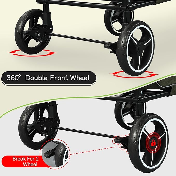 Saudism Pet Stroller for Dogs Cats up to 50 lbs, Foldable Dog Stroller with 360° Swivel Wheels, Detachable Carrier, Adjustable Handle, Travel Dog Stroller for Small Medium Large Pets, Green