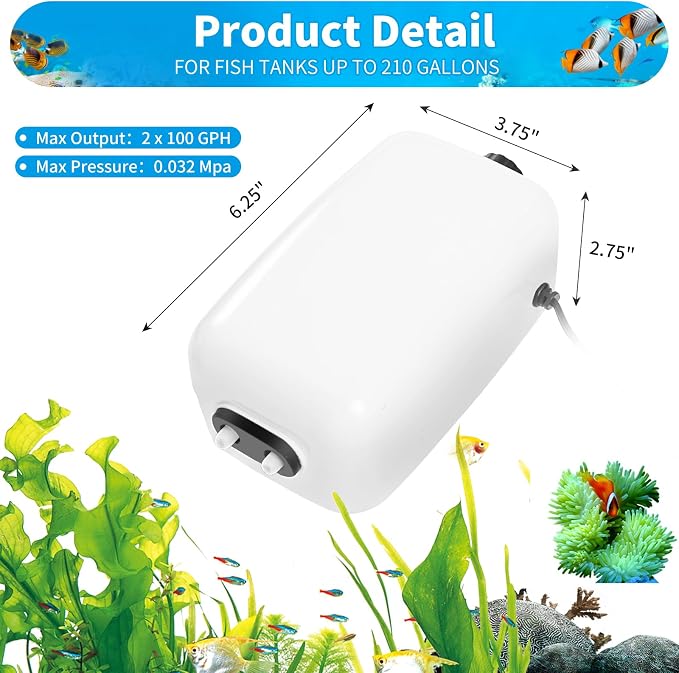 AQUANEAT Aquarium Air Pump for 20-210 Gallon Tank, Fish Air Bubbler, Hydroponic Oxygen Aerator with Stones, Airline Tubing, Check Valves