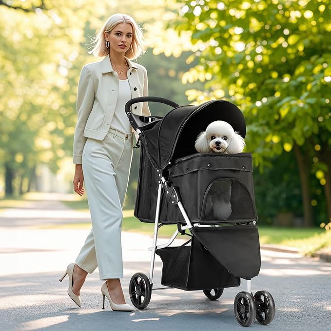 Sweetcrispy 3 Wheels Pet Stroller for Small Dogs and Cats, Foldable Dog Stroller with Mesh Windows, Storage Basket and Cup Holder, Lightweight & Durable Pet Carrier for Travel, Outdoor Use, Black