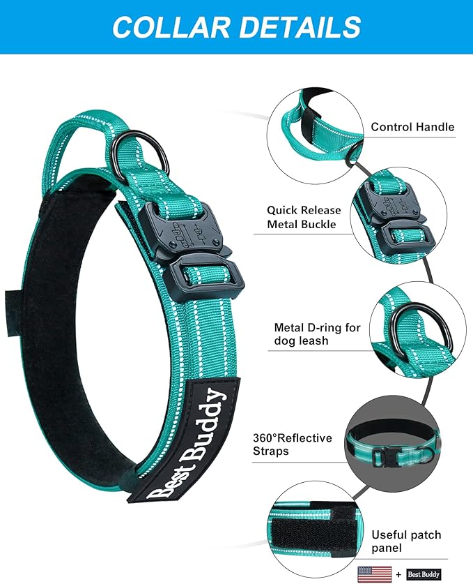 AUBELL Tactical Dog Collar and Leash Set, Reflective Adjustable Heavy Duty Military K9 Collars with Handle and Metal Buckle for Extra Large Dogs, with Airtag Case and 2 Patches(Teal,XL)