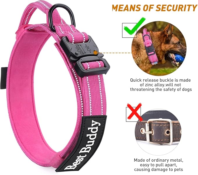 AUBELL Reflective Tactical Dog Collar,Adjustable Military Heavy Duty K9 Collars with Handle and Quick Release Metal Buckle Great for Extra Large Dogs, with Airtag Case and 2 Patches (Pink,XL)