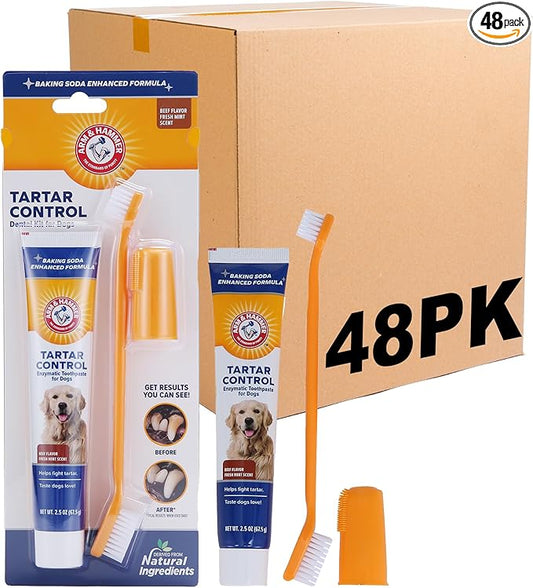 Arm & Hammer for Pets Tartar Control Dog Dental Kit, Enzymatic Toothpaste with Toothbrush and Fingerbrush, Baking Soda Formula Reduces Plaque and Tartar, Safe for Puppies, Beef Flavor, 3 Pc - 48 Pack