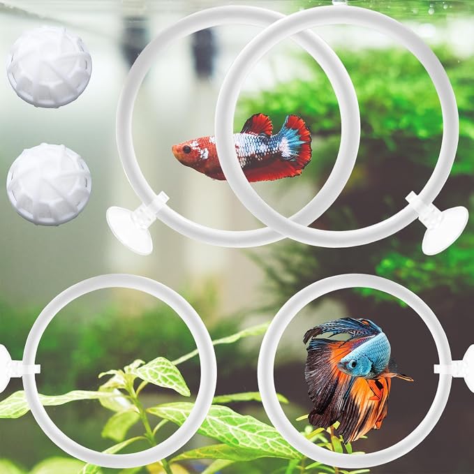 Betta Fish Toys - 4 Training Rings & 2 Bio Filter Balls, Beta Exercise Loop Toys and Nitrifying Balls Set, Betta Fish Tank Accessories Feeding Ring for Small Tank Decor Aquarium Water Conditioner