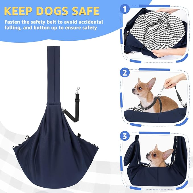 SlowTon Dog Carrier Sling - Thick Padded Shoulder Strap Adjustable Dog Carriers for Small Dogs, Puppy Carrier Purse for Pet Cat with Front Zipper Pocket Safety Belt Machine Washable (Navy Knitted, S)