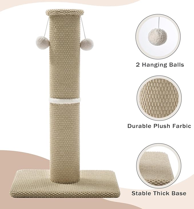 Made4Pets Tall Cat Scratching Post, 33" Modern Cat Scratcher with Hanging Balls, Heavy Duty and Thicker Scratching Post for Indoor Cats Adults, Sturdy Base Cat Scratch Post, Beige