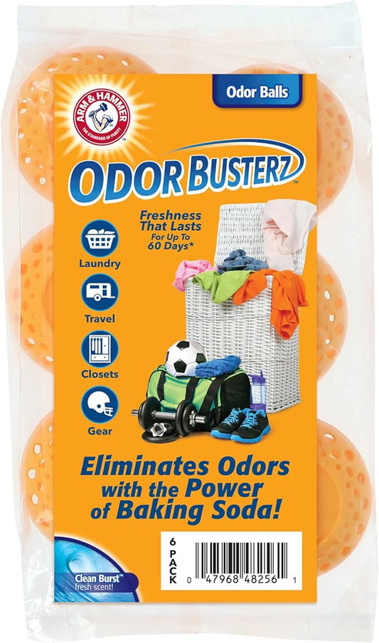 Arm & Hammer OdorBusterz® Odor Eliminator Balls, Clean Burst, 6 Count – Baking Soda Odor Control for Closets, Drawers, Hampers & Small Spaces