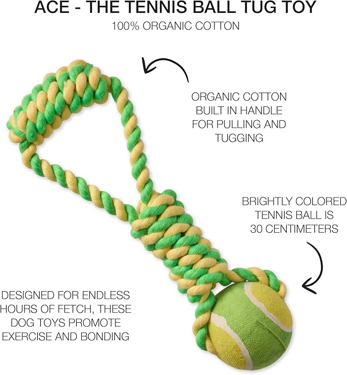 Pet Passion Ace - The Organic Cotton Pull and Chew Tennis Ball Toy for Dogs, Yellow Ball Toy, One Size