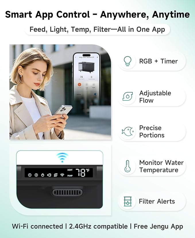 M1 5 Gallon Aquarium Starter Kit, App Control Smart Fish Tank with Filter, Auto Feeder, Quiet Pump, Timer Light, Temp Display, Crystal-Clear Glass Desktop Betta Tank for Guppy Shrimp, Black