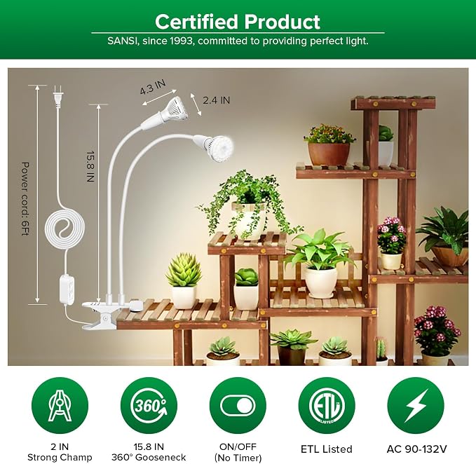 SANSI Grow Lights for Indoor Plants, 20W Clip-On Gooseneck LED Plant Lights | Lifetime Free Bulb Replacement, Plant Lights for Indoor Growing, 2-Head No Timer, Full Spectrum LED Grow Light, High PPFD